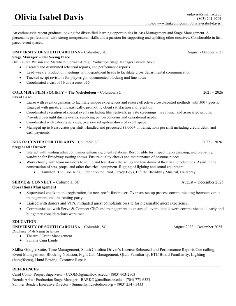 A resume for Olivia Isabel Davis detailing education, work experience, skills, and references, with contact information and LinkedIn profile.