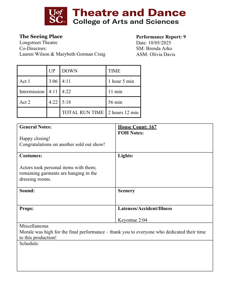 Performance report for 'The Seeing Place' at Longstreet Theatre, including schedule, cast, and notes from a college of arts and sciences theatre and dance production.