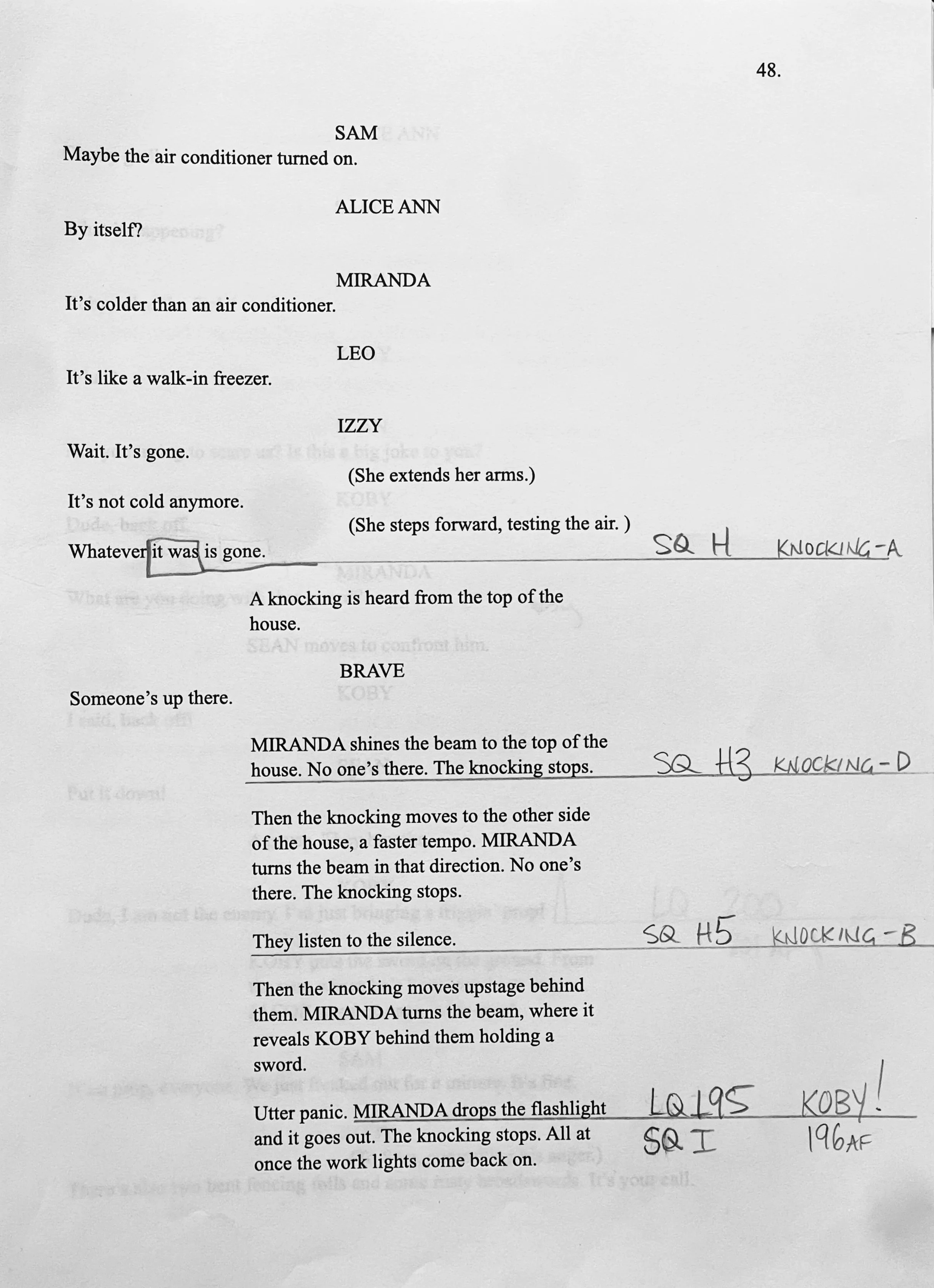 A script with dialogue and stage directions for a play, featuring characters named Sam, Alice Ann, Miranda, Leo, Izzy, and Brave. Handwritten notes and labels indicate scene numbers and stage directions.
