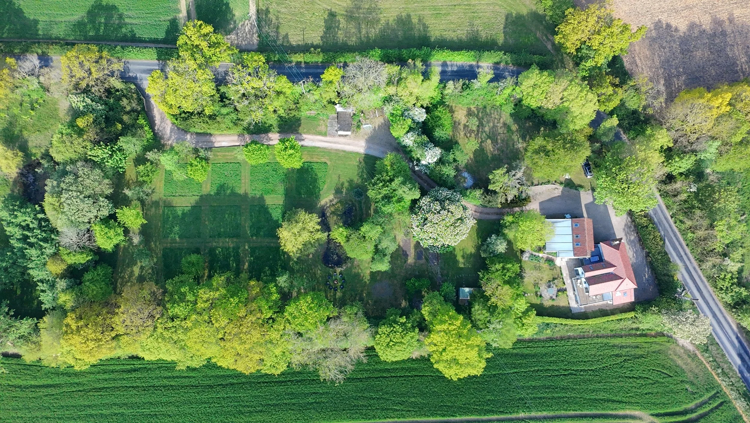 An aerial view of a lush, green garden with trees, a patio, a road, and a house with a red roof in the bottom right corner.