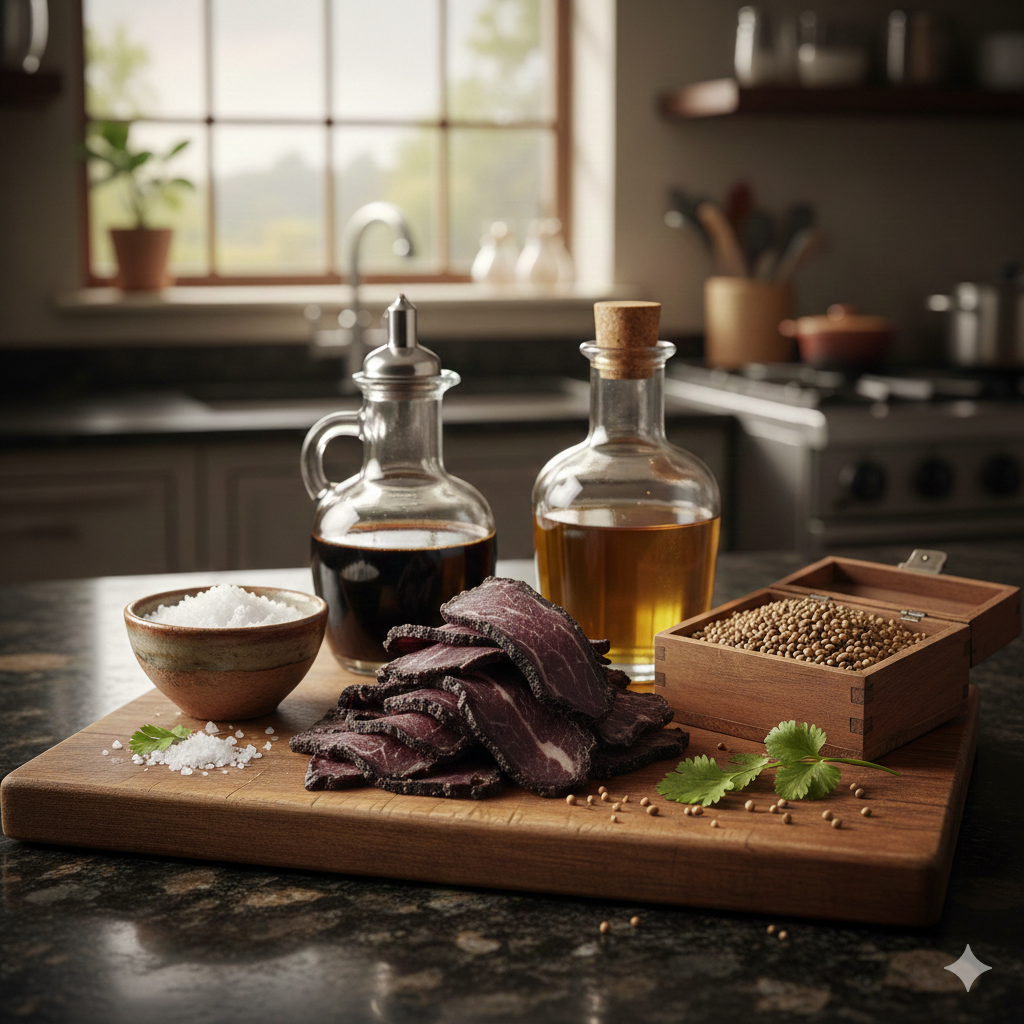 Kitchen countertop with sliced Raw Sintra dried beef biltong, salt, pepper, soy sauce, apple cider vinegar, and cilantro on a wooden cutting board, with a window in the background.