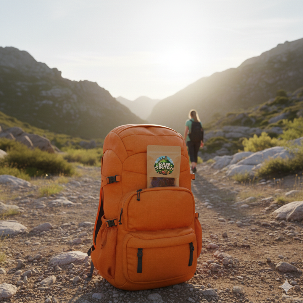 An orange backpack with a pack of Raw Sintra dried beef biltong, placed on a dirt trail in a mountainous outdoor setting, with a hiker in the background walking away.
