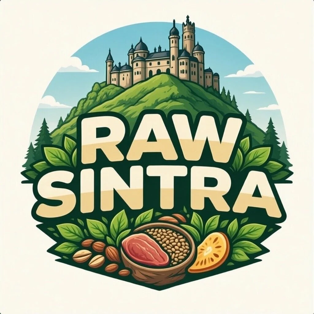 Illustration of a castle on a hill with trees, with the words "RAW SINTRA" surrounded by leaves, nuts, and a bowl of grains and a slice of lemon in front.