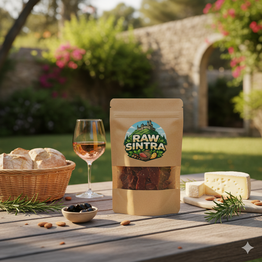 Outdoor scene featuring a bag of RAW SINTRA dried beef biltong, a glass of rosé wine, a basket of bread rolls, a small bowl of black olives, and slices of cheese with almonds and herbs on a wooden table, in a Portuguese garden.