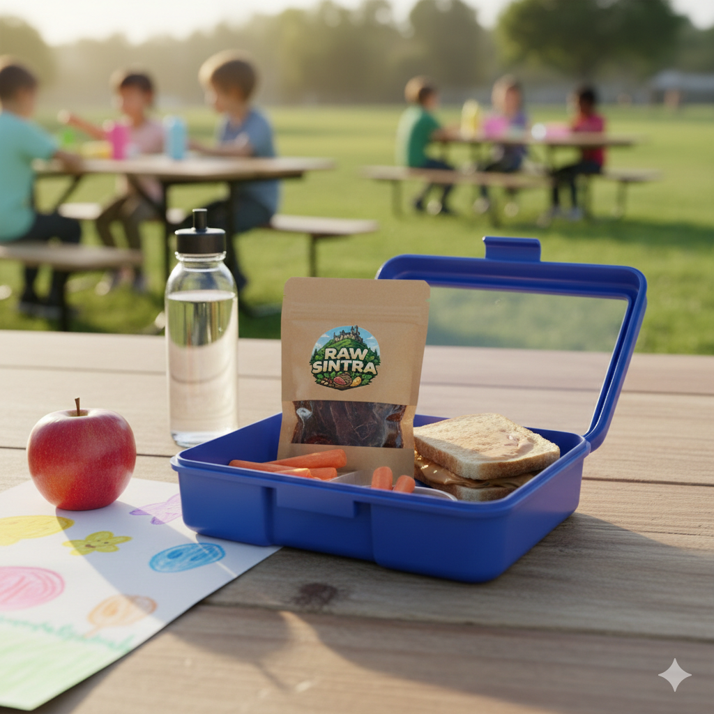 A blue lunchbox on a picnic table filled with a sandwich, a raw sintra dried beef biltong pack, and carrot sticks. An apple and a water bottle sit nearby. In the background, children are sitting at picnic tables in a park.