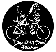 A white line drawing of a person riding a bicycle with a dog sitting in a basket on the front, with the text 'Dog & Pony Show Brewing' below.