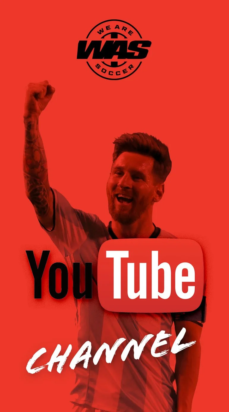 Red background with a male soccer player smiling and raising his fist. The image features a circle logo at the top with the text "WE ARE WASS SOCCER". The center displays the YouTube logo with the words "Channel" underneath in white, handwritten style.