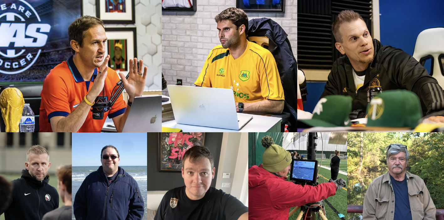 Collage of nine men in different settings, including sports-related environments, casual outdoor scenes, and indoor rooms, with some wearing sports jerseys and jackets.