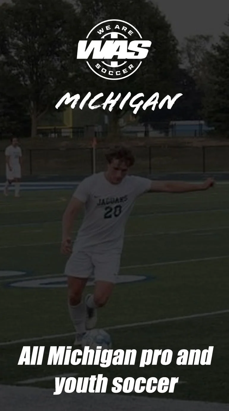 A youth soccer player in a white jersey with the number 20 dribbling a soccer ball on a field at dusk, with a logo that says "We Are WASS Soccer" and the word "Michigan" above, along with text "All Michigan pro and youth soccer" at the bottom.