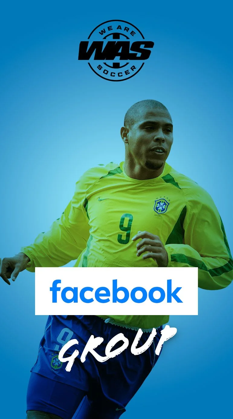 A soccer player in a yellow jersey with the number 9 runs against a blue sky background. The image features the logos of Facebook and WASS Soccer, with the text "We are WASS Soccer" at the top and "Facebook Group" at the bottom.