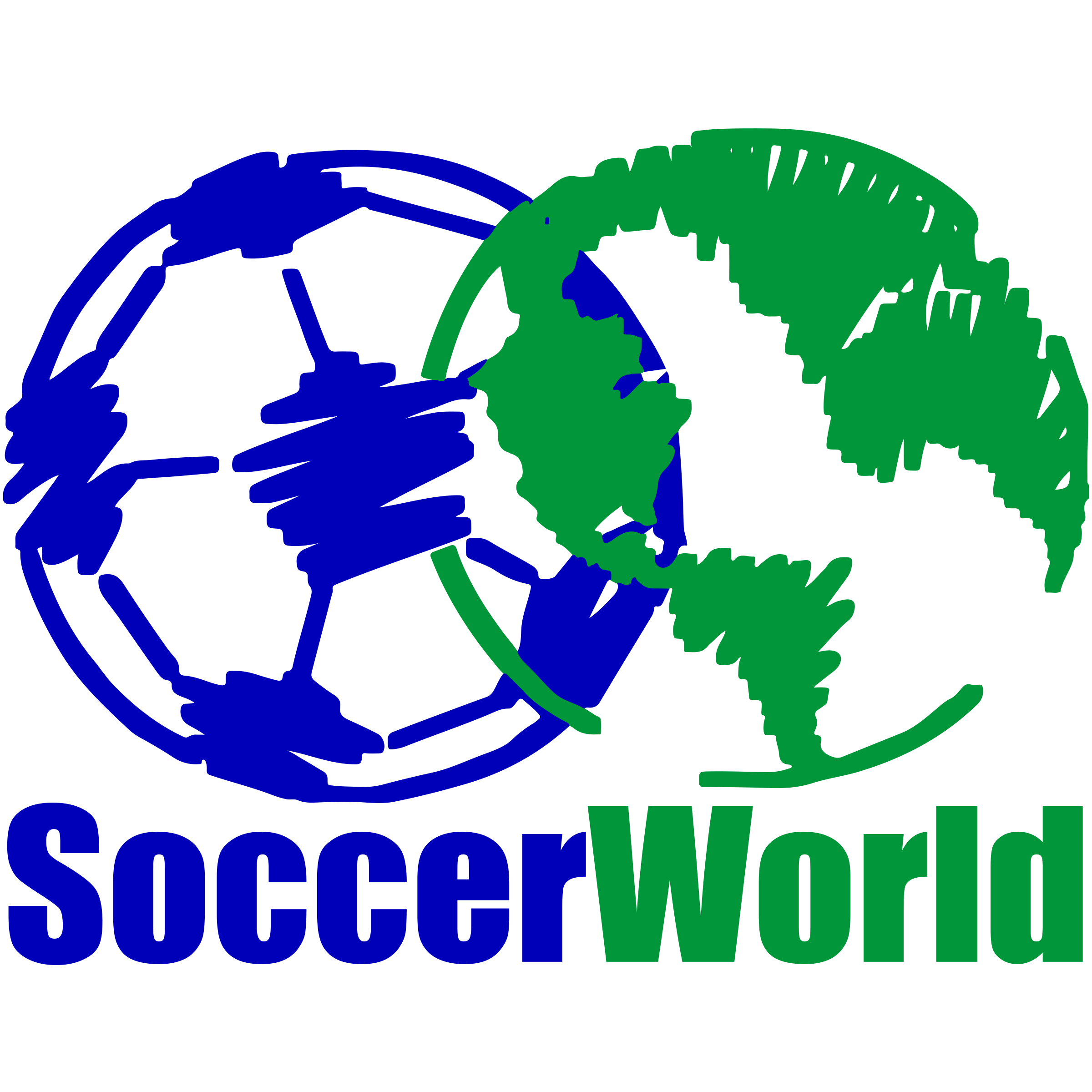 Logo with stylized blue soccer ball and green Earth globe, and the text 'soccerWorld' in blue and green.