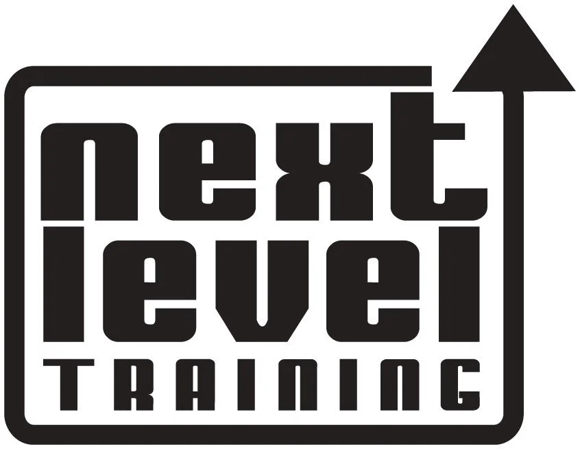The logo for Next Level Training, featuring bold black text inside a shape with an upward-pointing arrow at the top right.