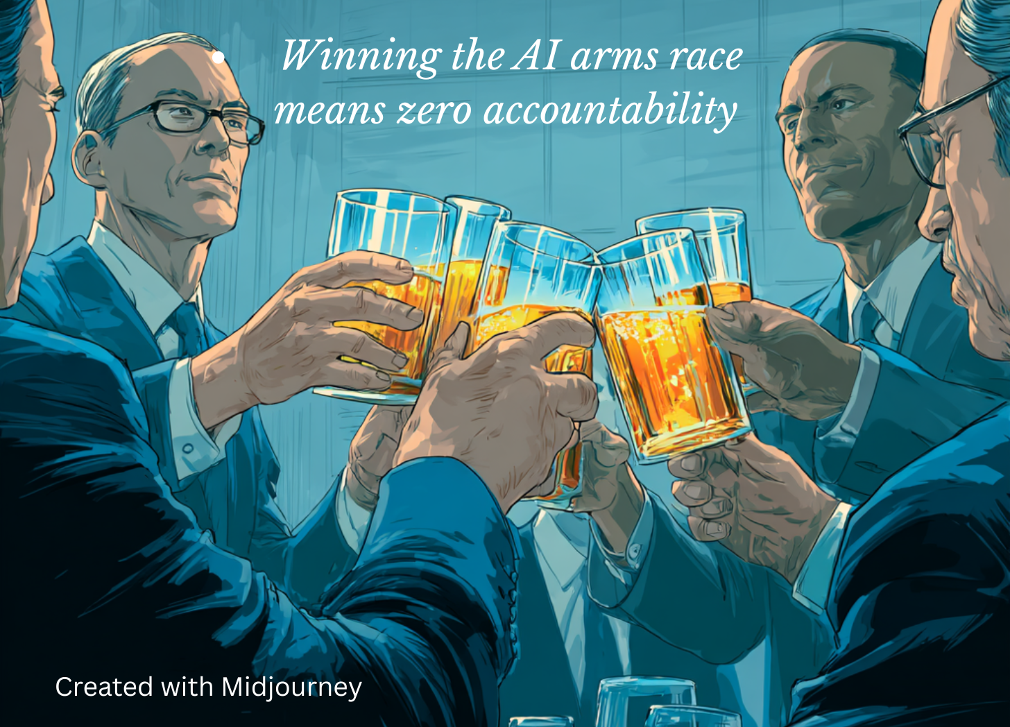 Illustration of businesspeople in suits raising glasses of whiskey in a toast, with a quote 'Winning the AI arms race means zero accountability'.