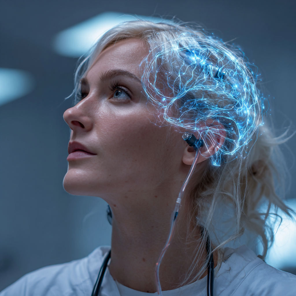 A woman in a medical setting has an illustration of a digital brain overlayed on her head, representing brain activity or neural connections.