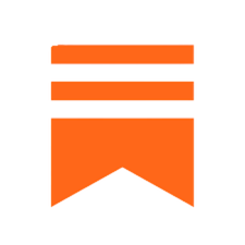 Icon of a bookmark, orange with black outlines, featuring three horizontal lines above a solid shape with a downward-pointing triangular notch.