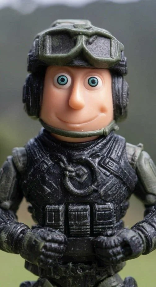 A toy soldier with a caricatured face, wearing a helmet with goggles, black tactical vest, and gloves, standing outdoors.