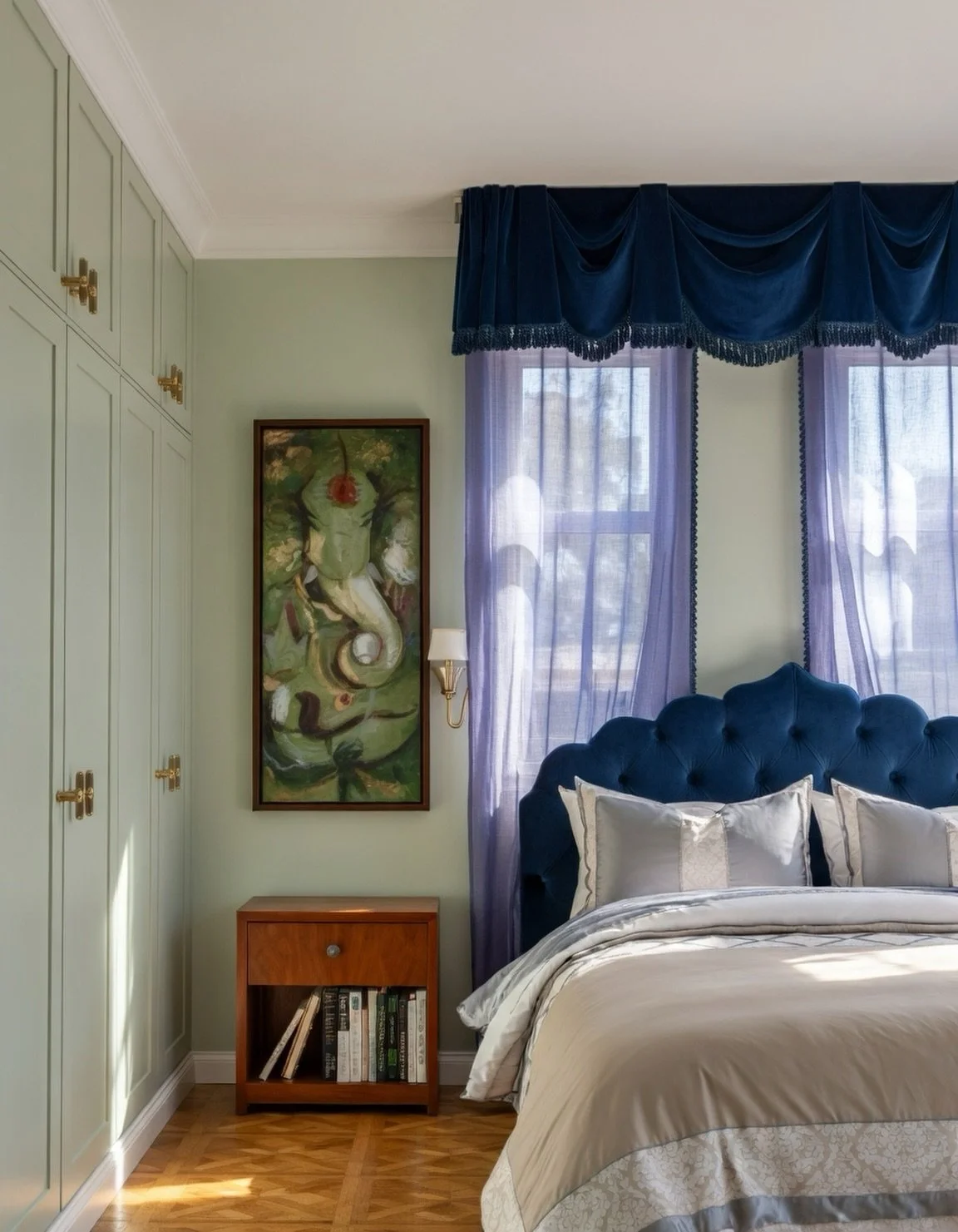 A Victorian-inspired bedroom with elegant cornicing, high ceilings, and classic detailing. The walls are painted in a rich @mylands_london shade, adding warmth and depth, while soft textures and timeless furnishings create a calm, cozy feel.