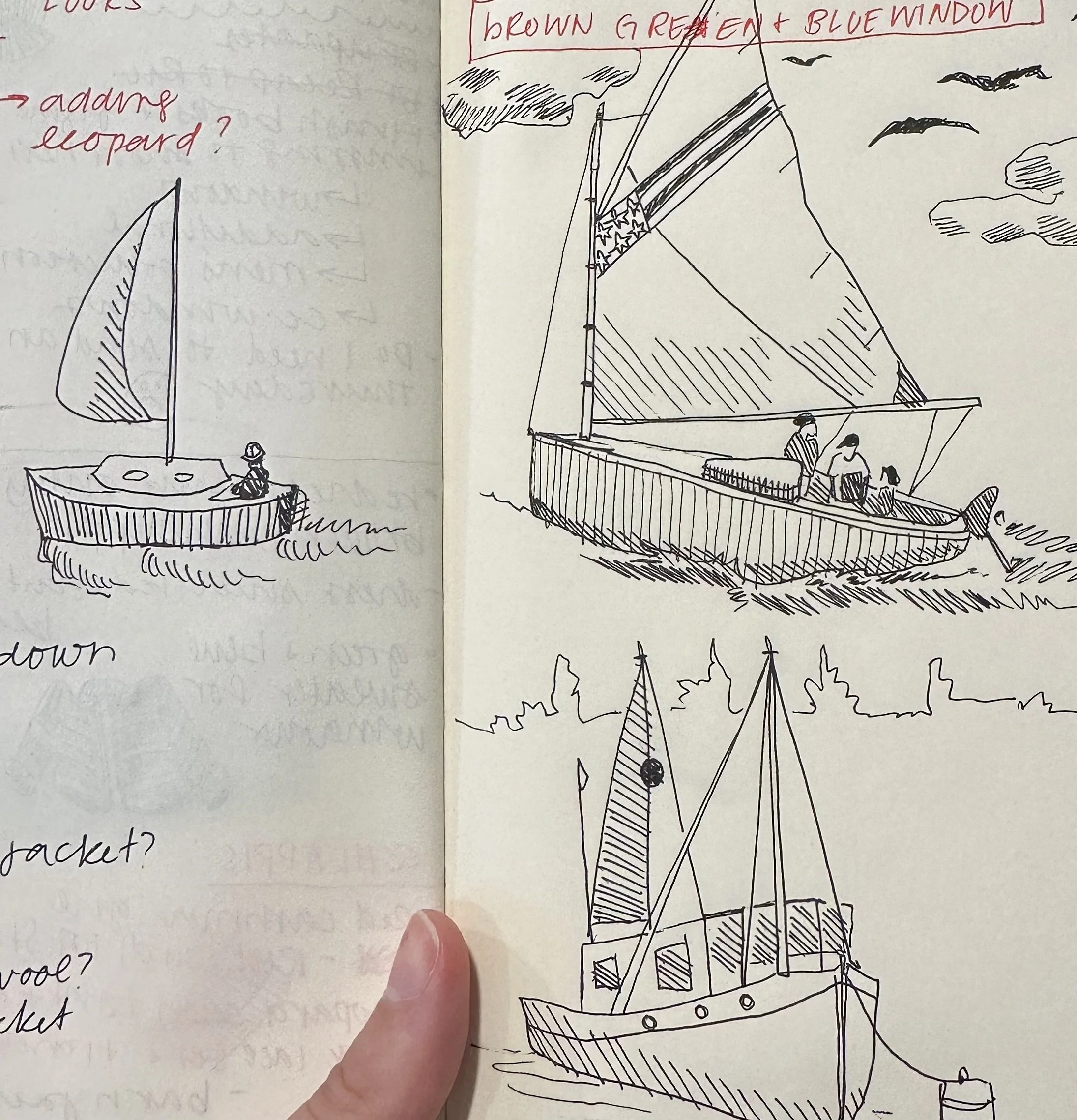 Line drawing of three sailboats on water, with clouds and birds in the sky.