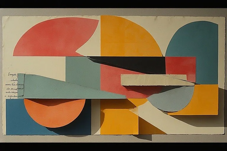 Abstract geometric artwork with semi-circles, rectangles, and triangles in red, yellow, blue, black, and white on canvas.