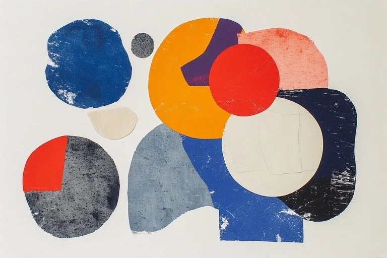 Abstract composition of various colorful circles and shapes on a white background.