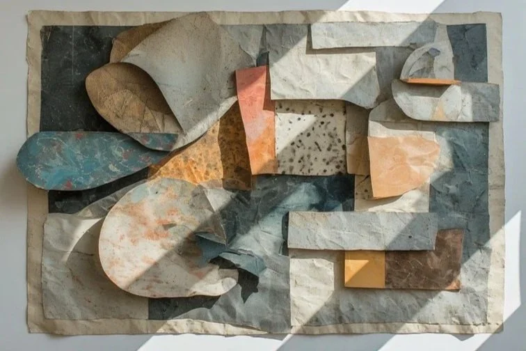 An abstract collage of torn and crumpled paper in various colors and textures arranged on a white background.