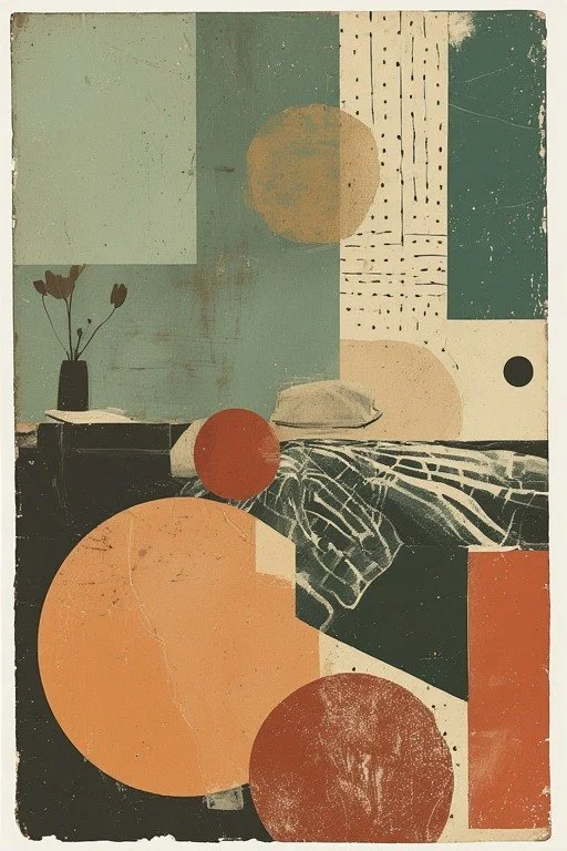 Abstract collage with geometric shapes including circles and rectangles, a bed with a pillow, a nightstand with a vase containing flowers, and a textured wall with dotted patterns.