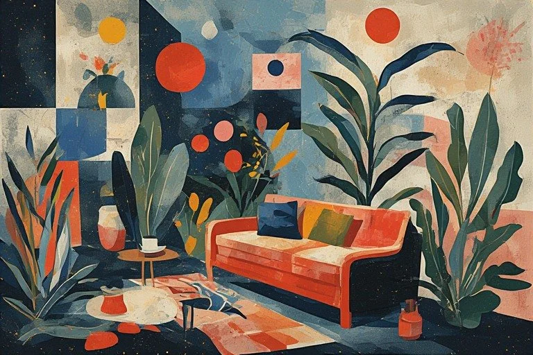 Colorful, abstract painting of a cozy living room with an orange sofa, green pillows, a small table, and large green plants, with vibrant geometric wall art.