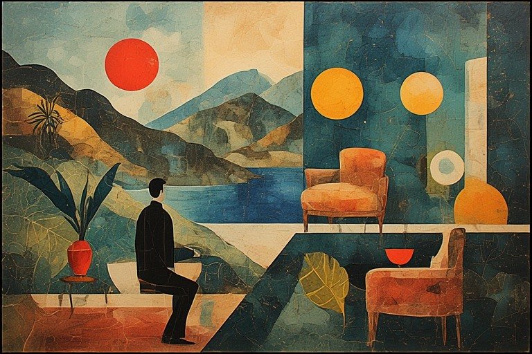 Abstract painting of a man sitting on a bench in a landscape with mountains, a red sun, and geometric shapes, including chairs and circles.