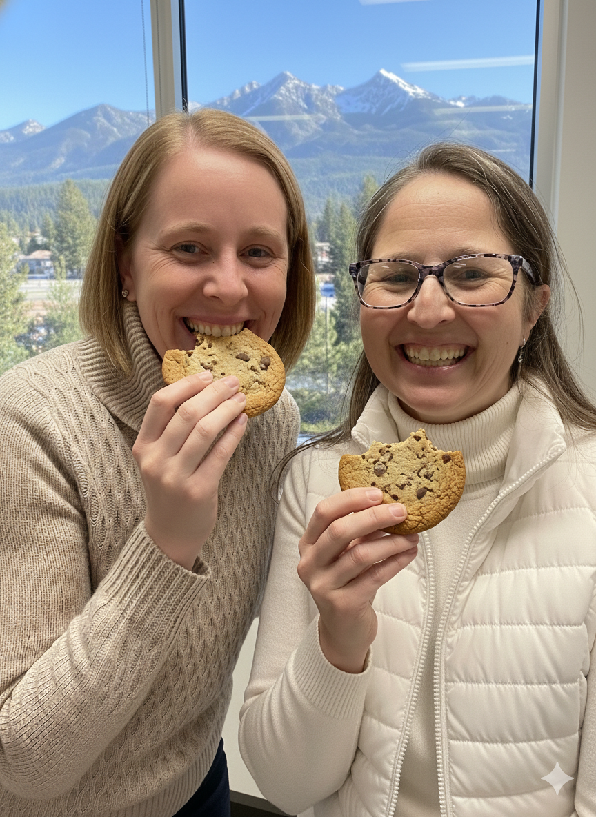 two women biting into chocolate chip cookie