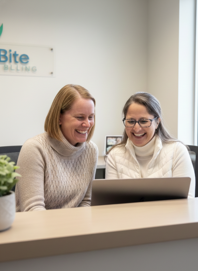 Bite Billing owners, Kelly & Tina working together on a challenging dental claim