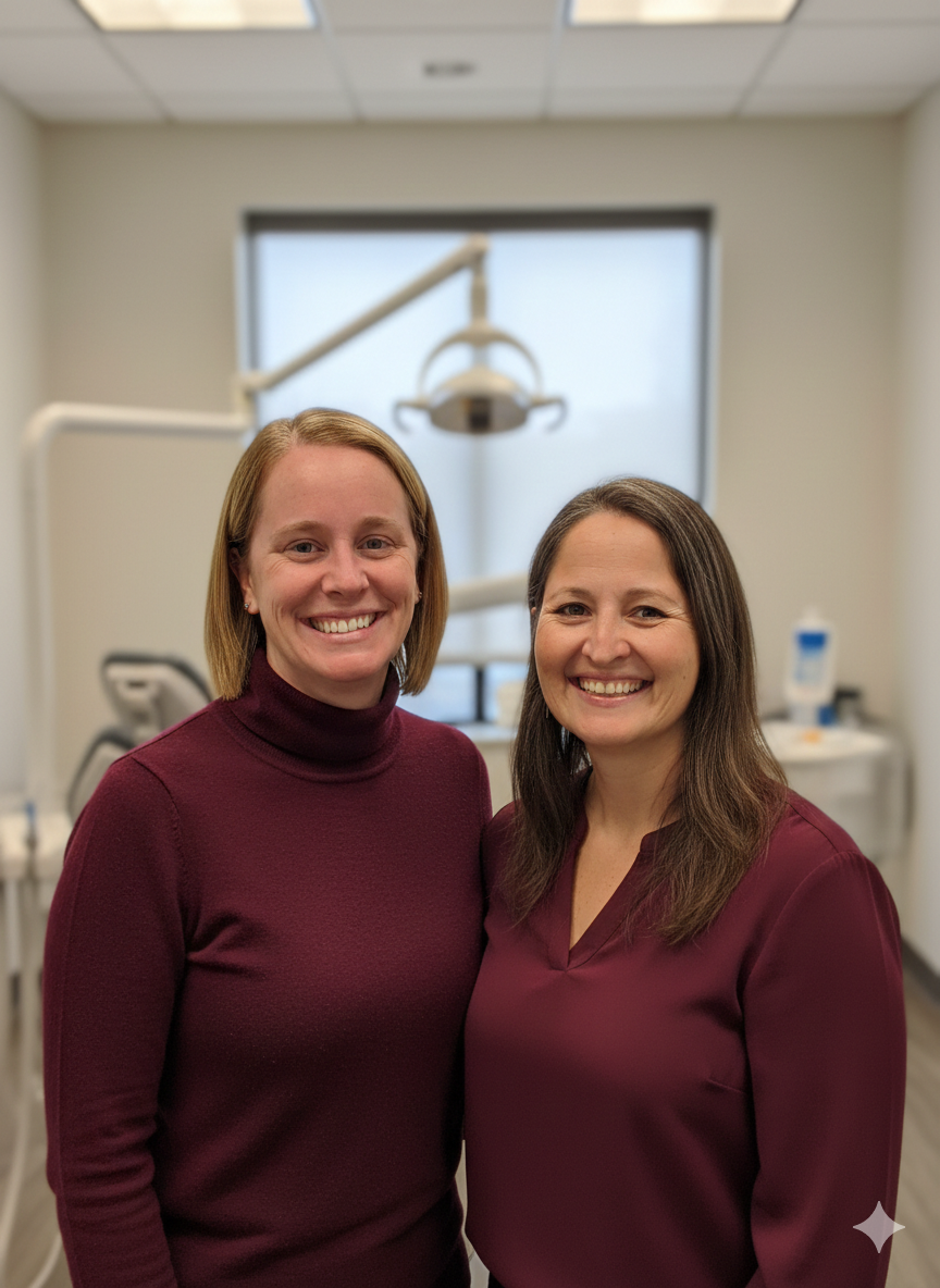 Two women smiling at the camera inside a dental clinic, with dental equipment in the background.