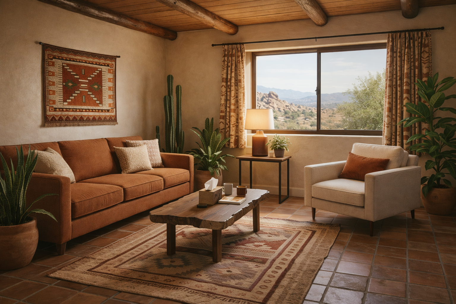 Cozy living room with brown sofa, white armchair, wooden coffee table, desert landscape view through window, indoor plants, and Southwestern-style decor.