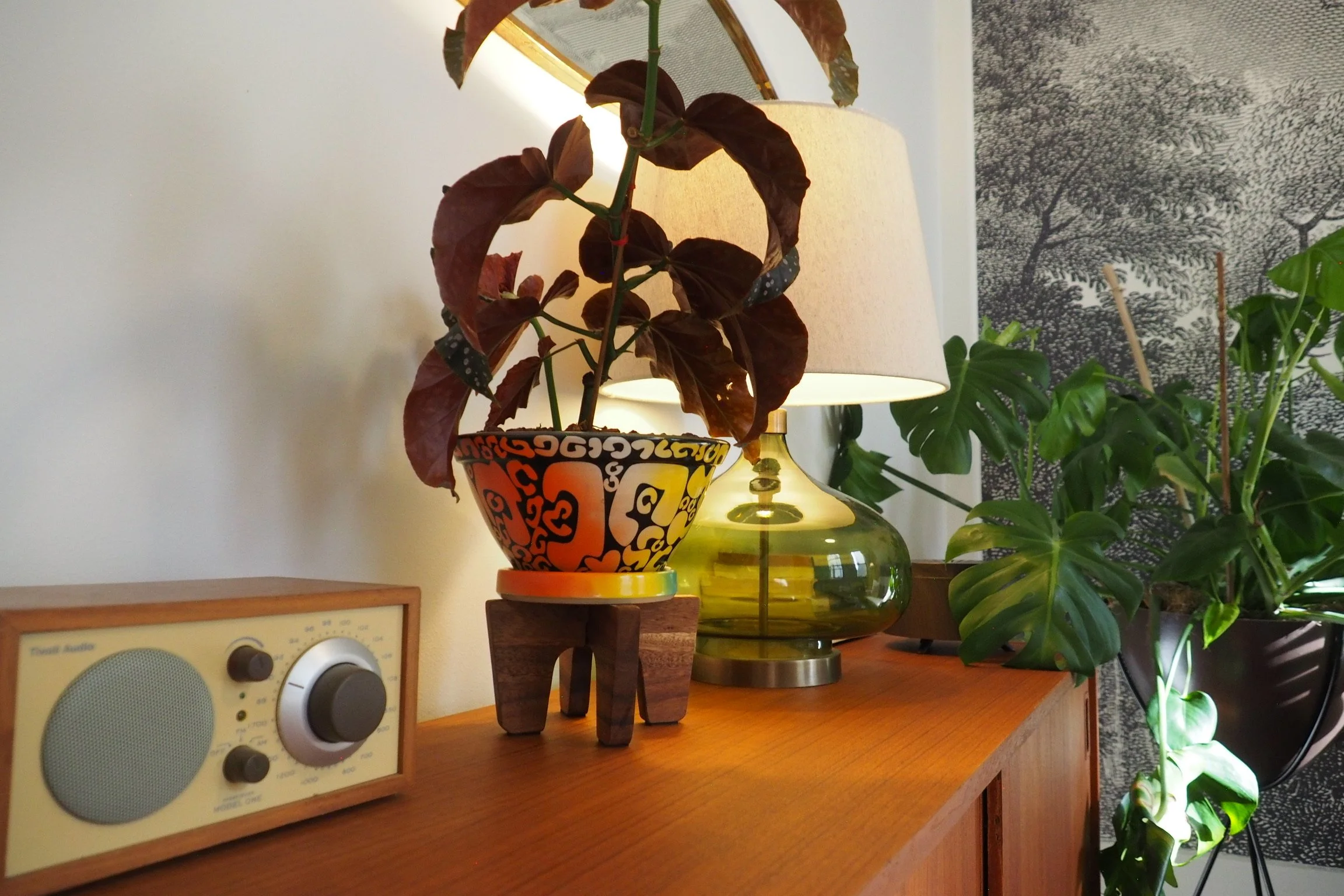 Decorative indoor scene with a vintage yellow and wood portable radio, a potted plant with dark reddish leaves, a table lamp with a white shade and green glass base, a small wooden sculpture, and a large leafy plant in the background.