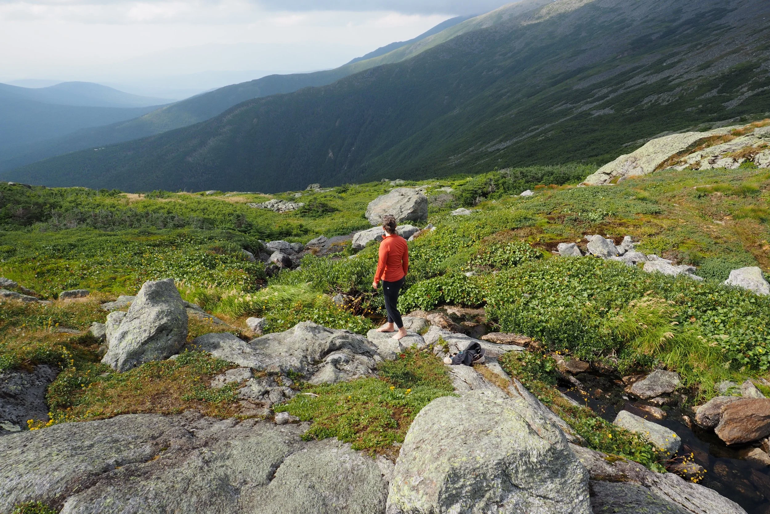 A woman in a red jacket stands on rocks in a mountainous area with lush green vegetation, small stream, and large rocks, with mountains in the background.
