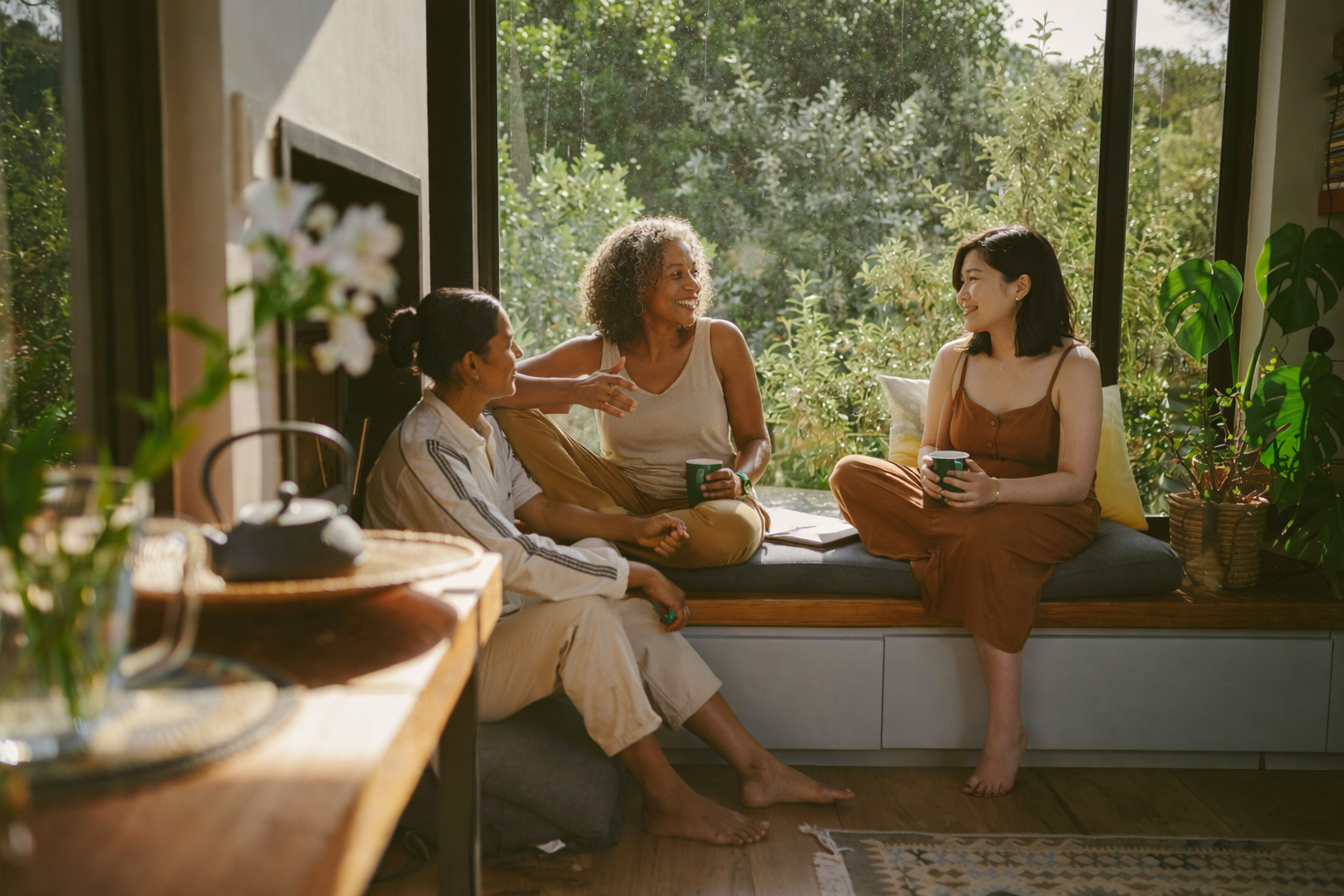 Four women sitting on a window seat, enjoying coffee and conversation in a cozy, sunlit room filled with indoor plants.