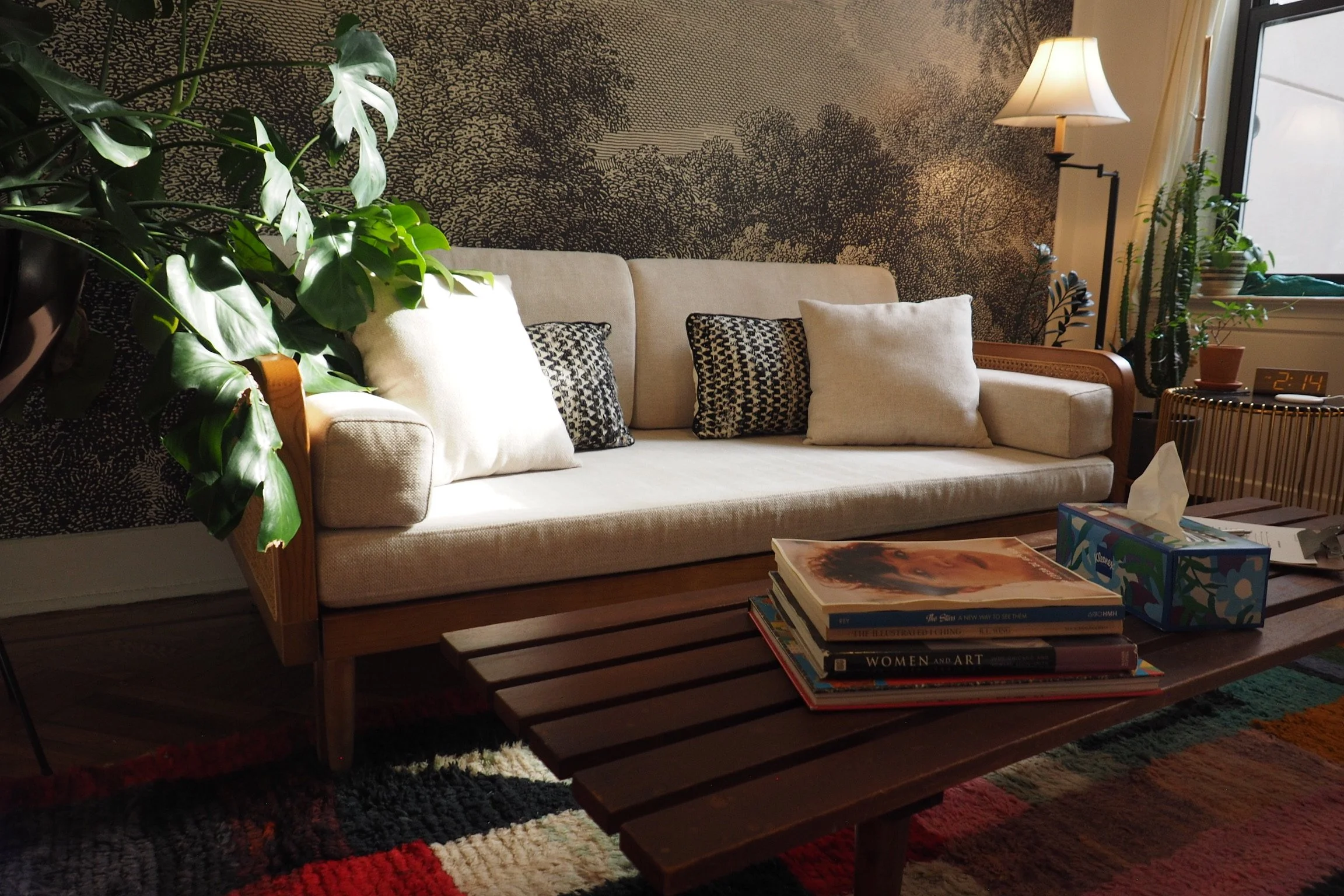Living room with beige couch, black and white patterned cushions, a wooden coffee table with magazines and a tissue box, a large green plant on the left, a textured wallpapered wall behind the couch, a tall floor lamp, and a window with a plant and s