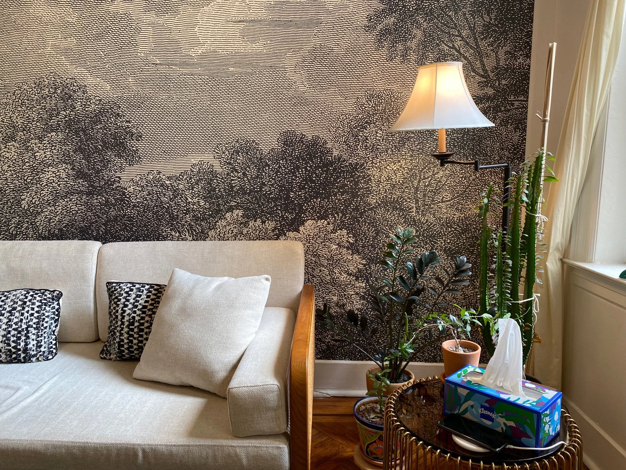 Living room corner with beige sofa, black and white patterned pillows, houseplants, a wall with black and white tree mural, a brass side table with tissue box and phone, and a floor lamp with beige shade.