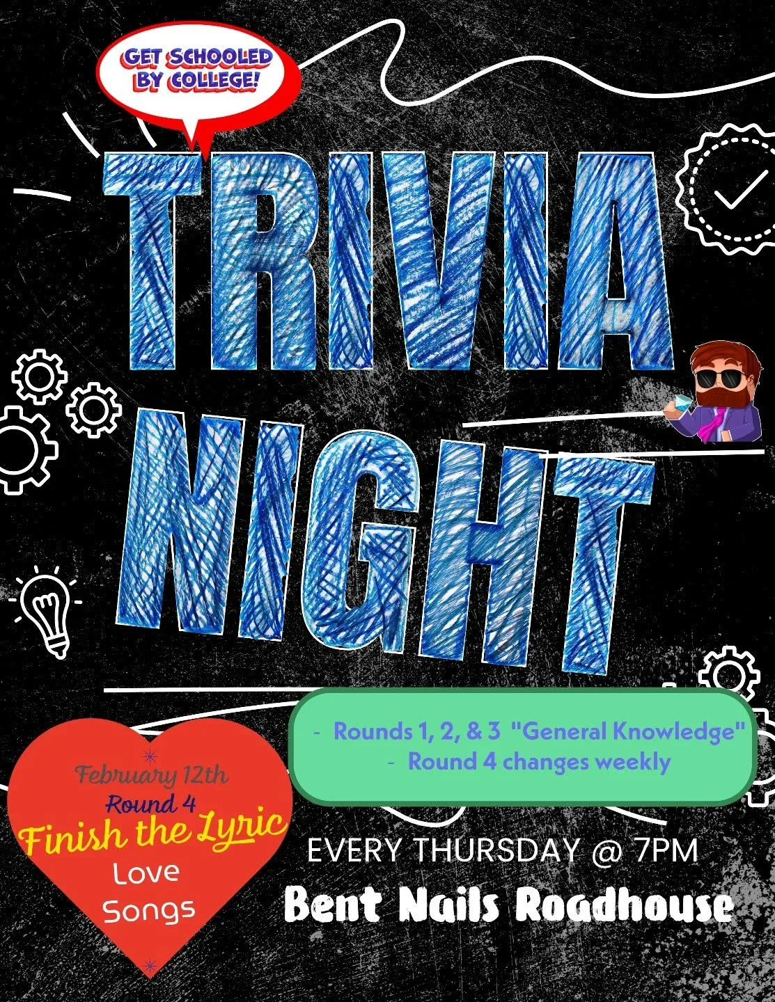 If you feel a tingling sensation all over this week, it might be LOVE...or the onset of frostbite. Either way, we'll be slinging trivia questions, warm food, and hot toddies at @bent_nails_roadhouse on Thursday. Bring a date, bring a crush, or bring 