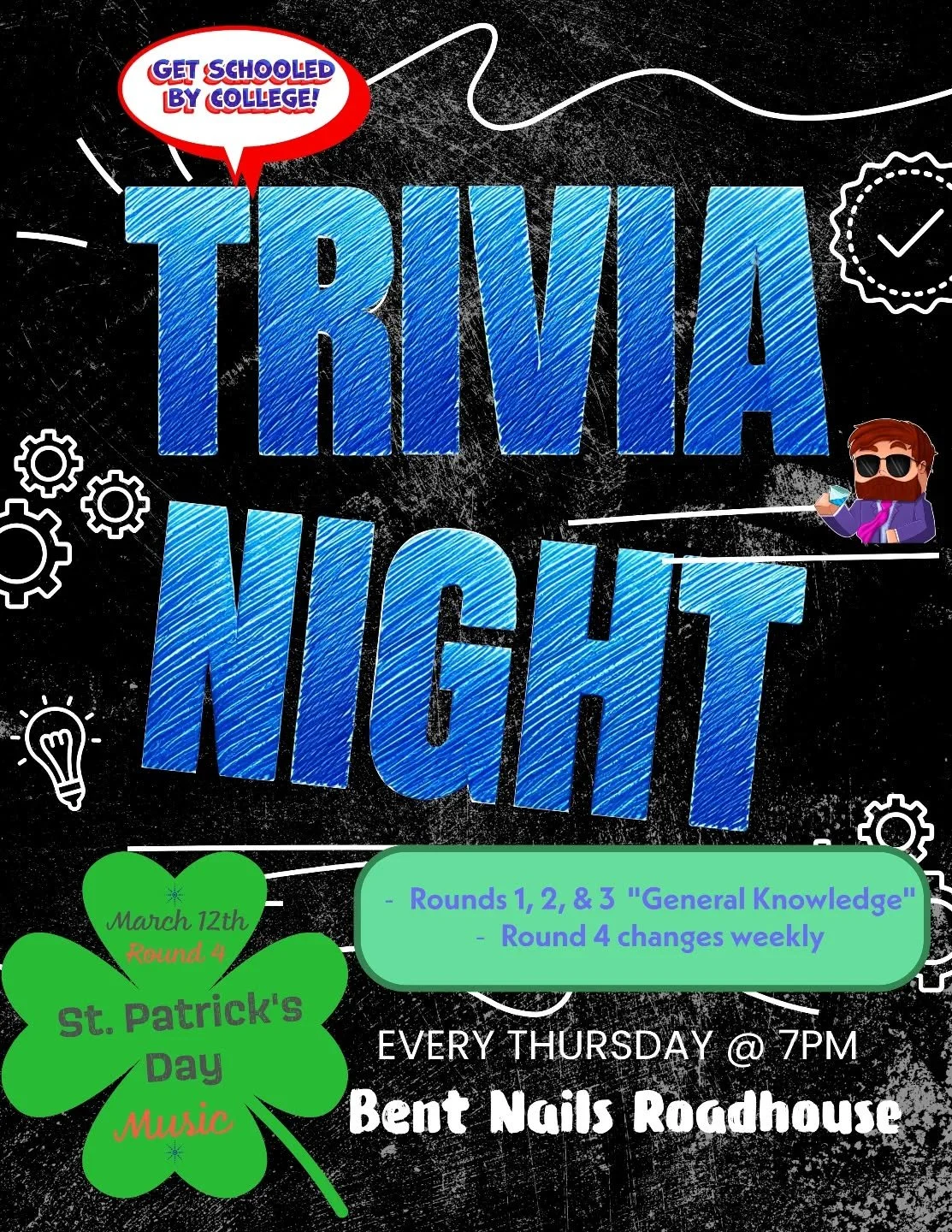 Welcome back, class. I hope you all enjoyed your break for False Spring. I know I did. This Thursday we're back for more trivia and a few pints of Guinness at @bent_nails_roadhouse . I'm sure that by the time trivia night rolls around it'll be snowin