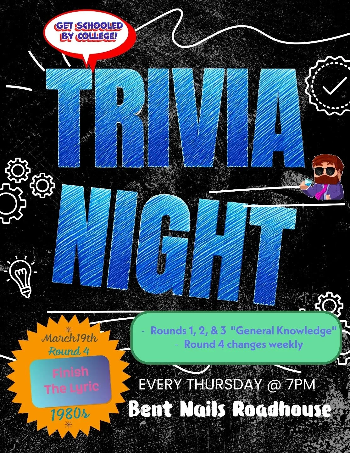 It's that time of the week again. Assemble the team and come on out to @bent_nails_roadhouse to join us for some food, drinks, and TRIVIA! The winning team takes home a $20 BNR gift card! Let's be honest, you're coming back next week too, so you'll w