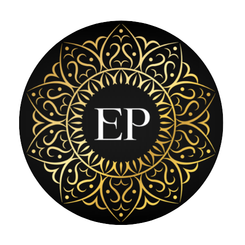 Elegant black and gold logo with intricate floral design and the initials "EP" in the center.