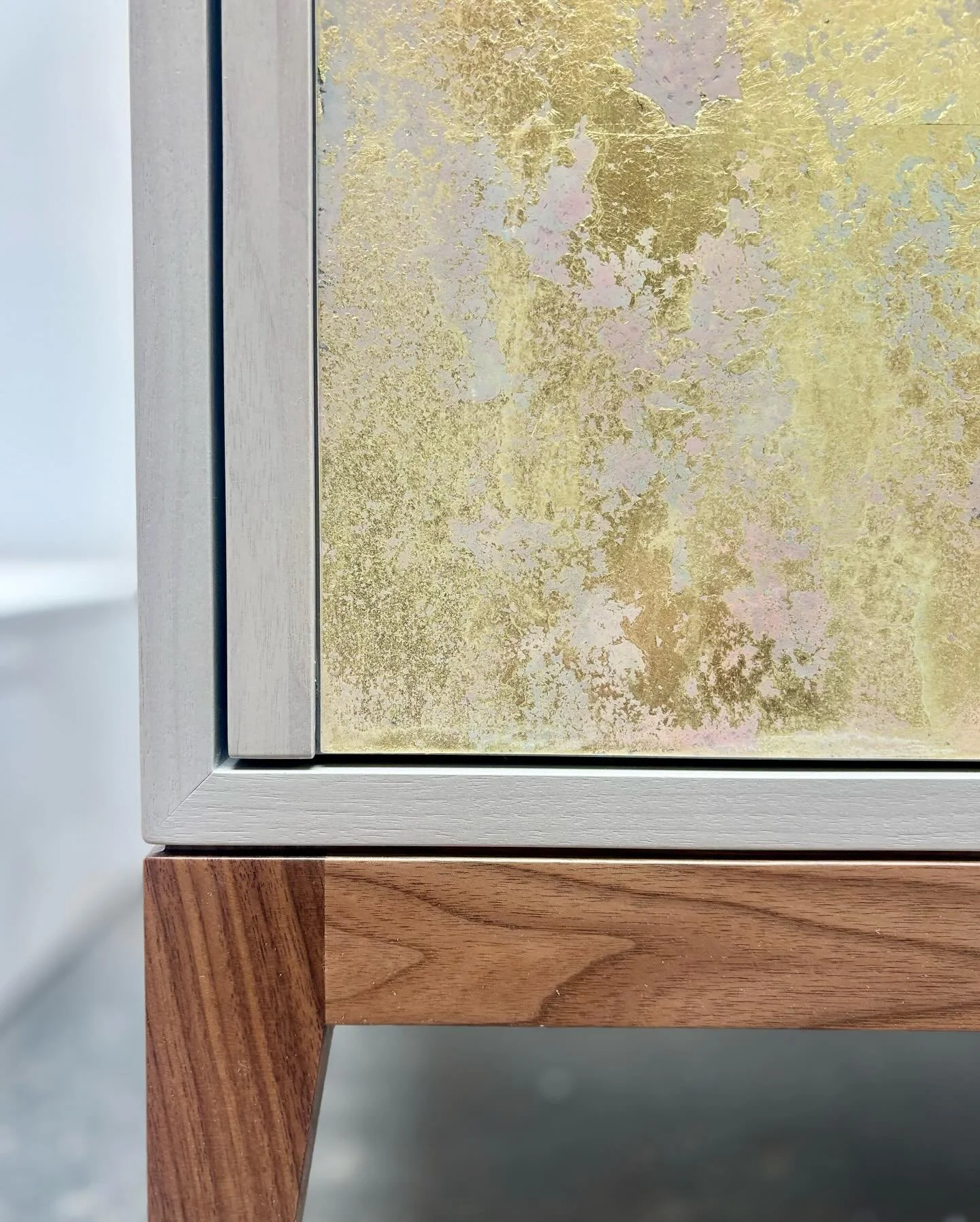 details of a two-tone walnut milano buffet with our hand-painted mystic glass in venice ball pt. 3 for @whoiscarmichael