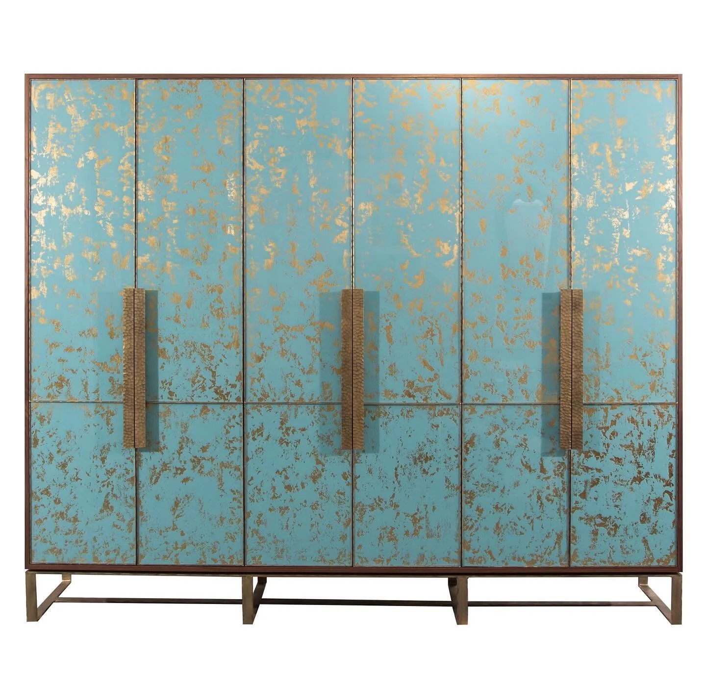 Chelsea Six Door Venetian Fresco Armoire, featuring Natural Walnut, and hand-painted Murano Gold and Turchese glass panels.