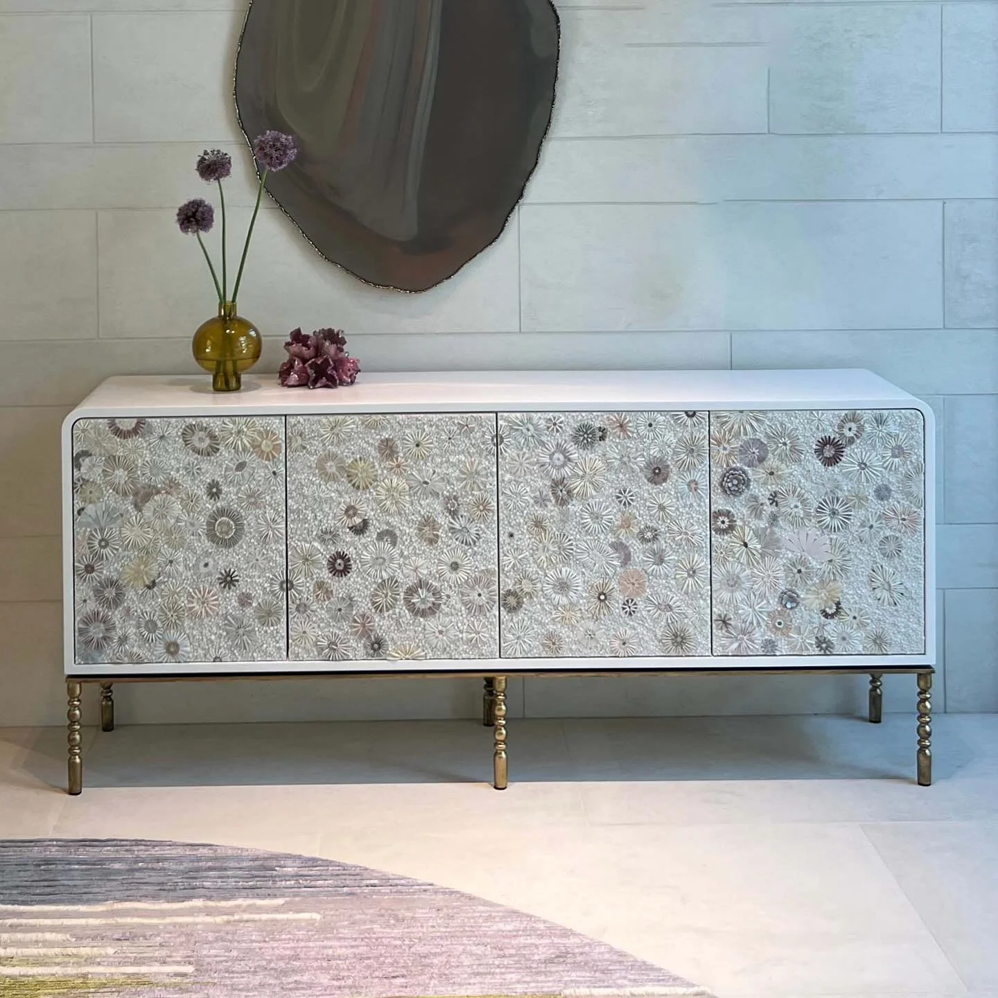 A custom Mezzaluna Buffet featuring our Wildflower Mosaic for a Deborah Walker Interiors project in Texas, crafted by hand in our Brooklyn studio.
