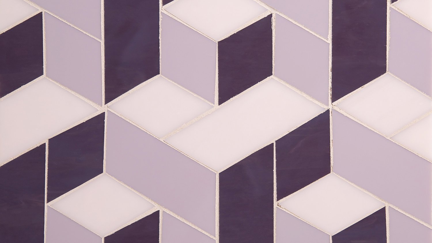 A geometric pattern of 3D cubes in shades of purple, lavender, and white, outlined with white borders.