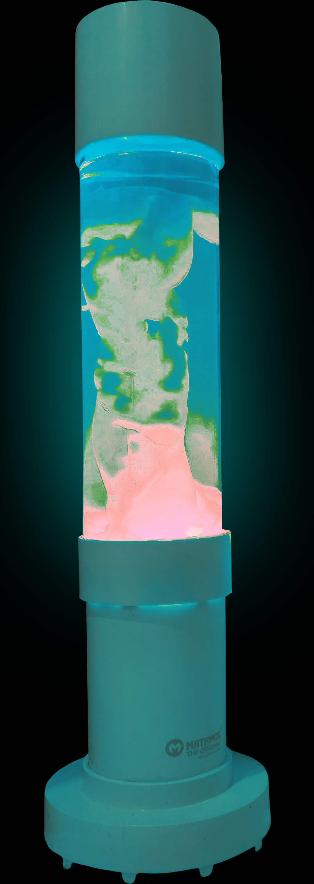 A cylindrical digital globe display showing a stylized map with landmasses in green and pink, and water bodies in blue, labeled with the Mathmos logo at the bottom.