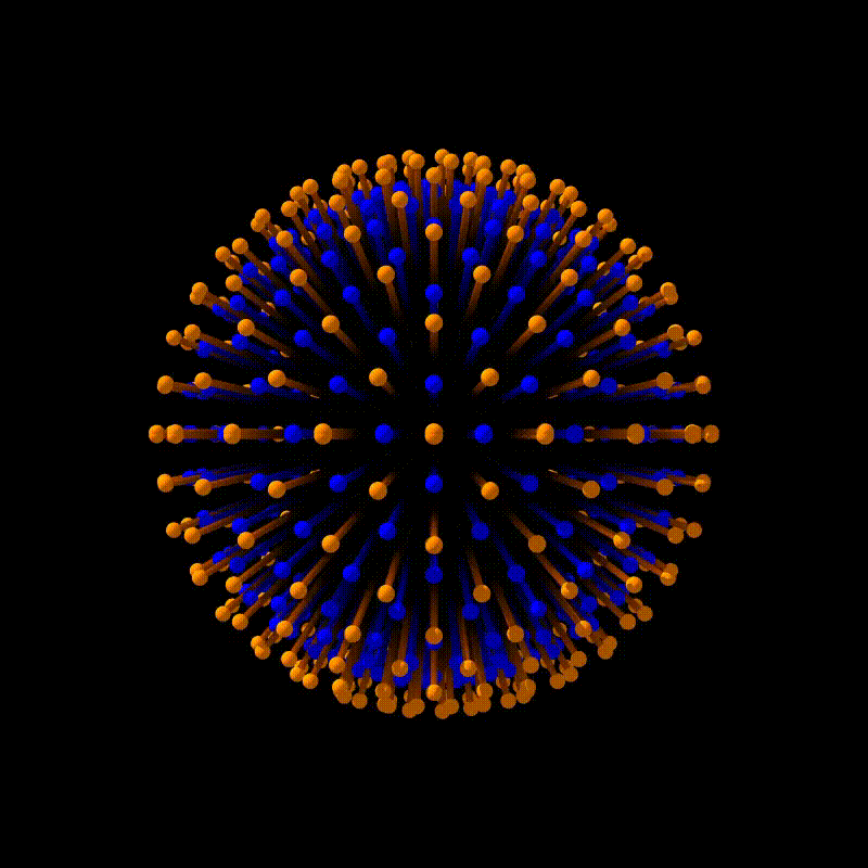 A digital illustration of a spherical virus particle with orange and blue spike proteins protruding from a black background.