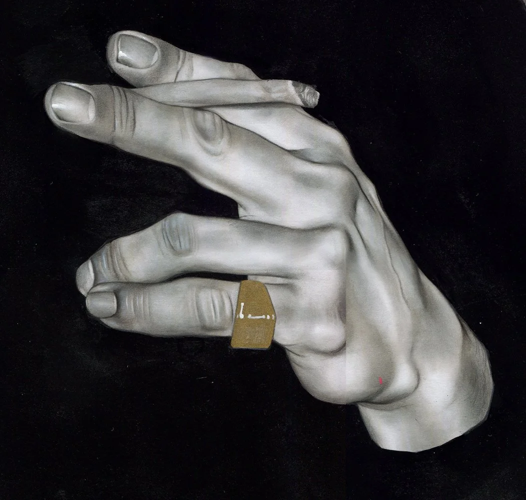 A realistic painting of a person's hand with detailed shading, showing fingers, nails, and a ring on the middle finger, against a black background.