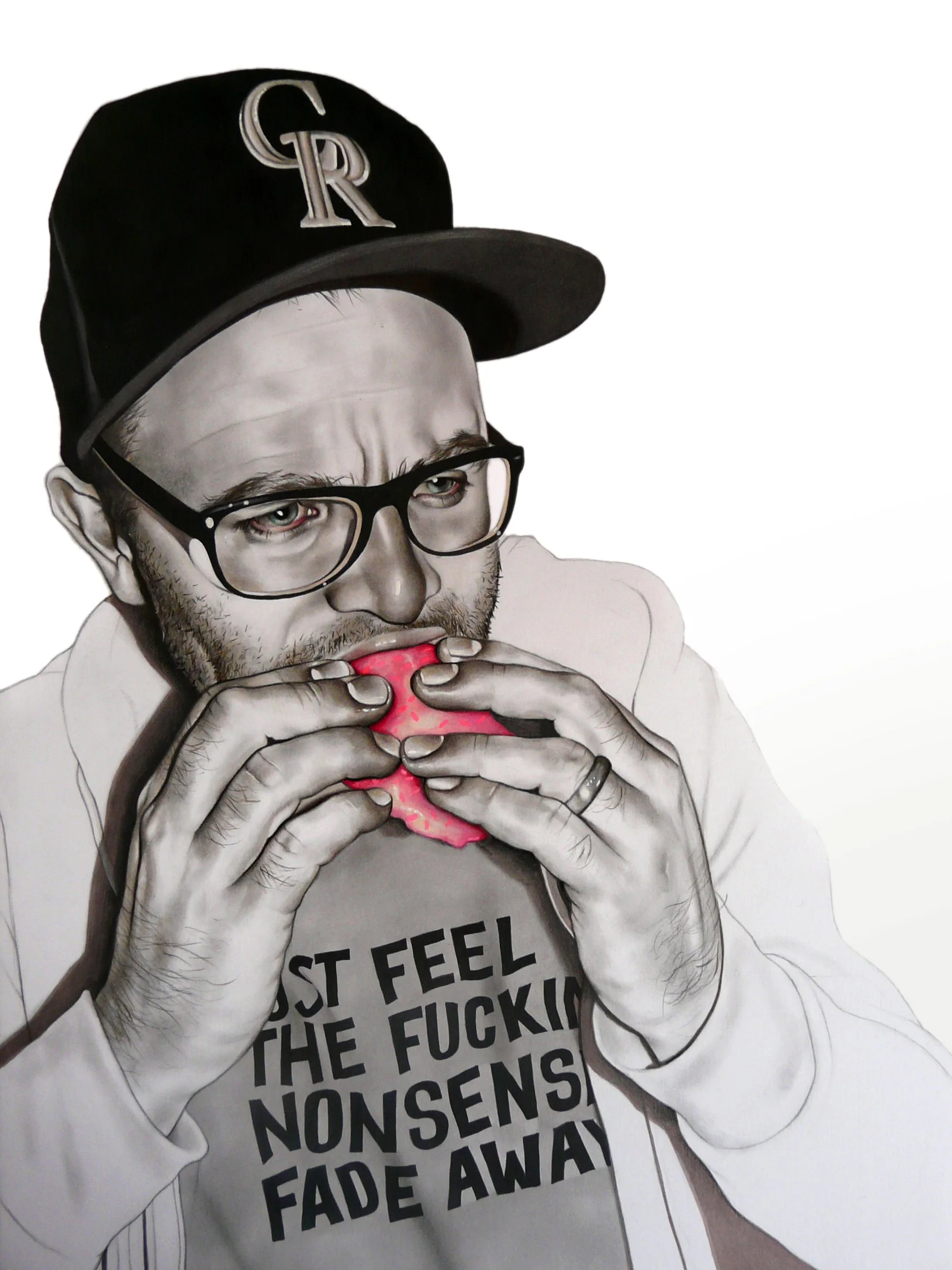 A man with glasses and a cap is holding and eating a pink burger, wearing a hoodie with text that reads 'Just feel the fucking nonsense fade away.' Drawing on paper.