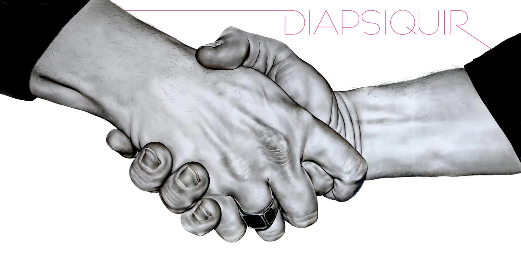 A black and white illustration of a handshake between two individuals, with one person wearing a ring on their middle finger. The text 'DIPSQUIR' appears in pink in the top right corner.